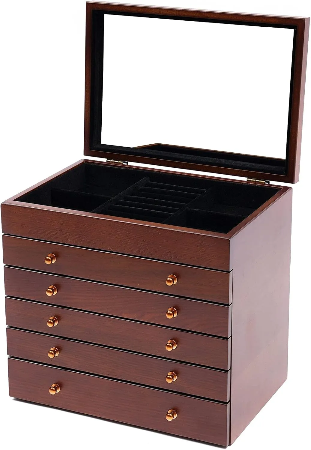 CNCEST 6 Layers Wooden Jewelry Storage Box with Mirror and Lock for Jewelries, Ring, Necklace and Watches (6-Layer)