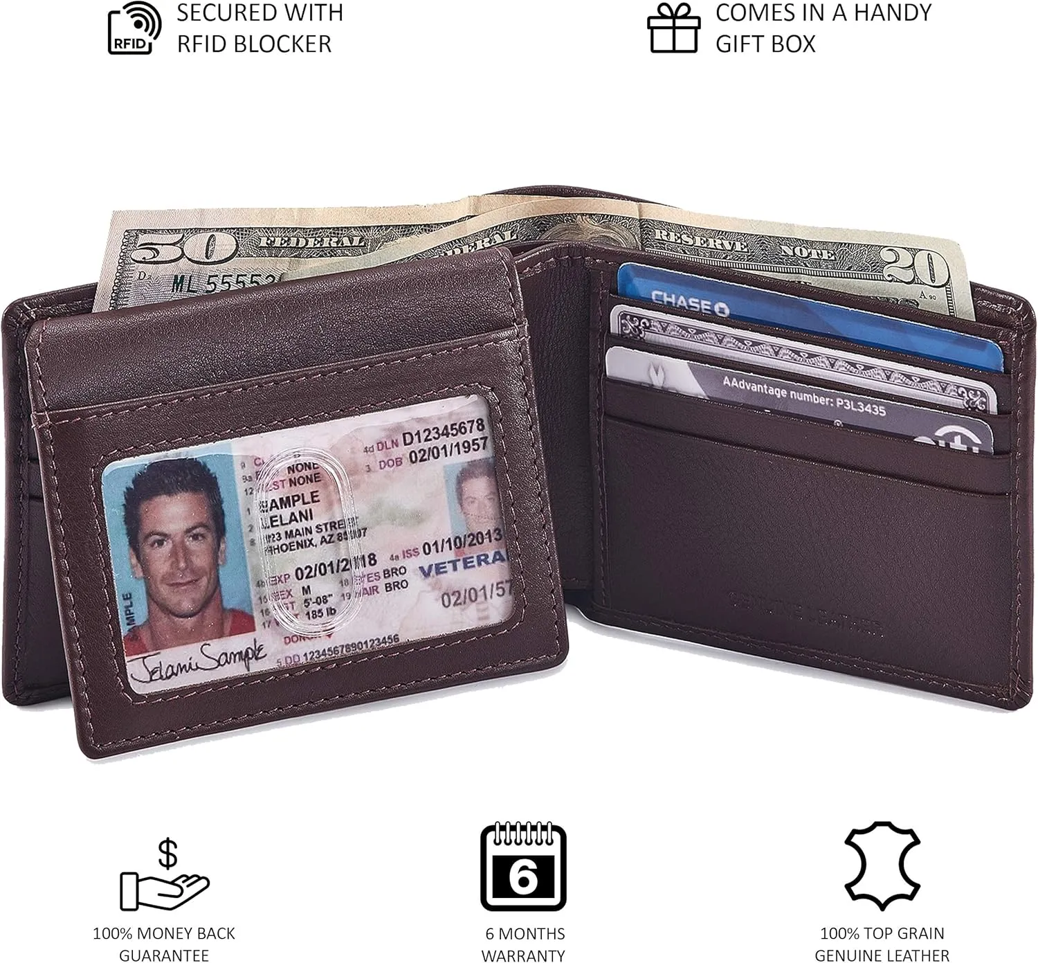 Cochoa Wallet for Men's RFID Blocking Real Leather Bifold Stylish 2 ID Window in Gift Box