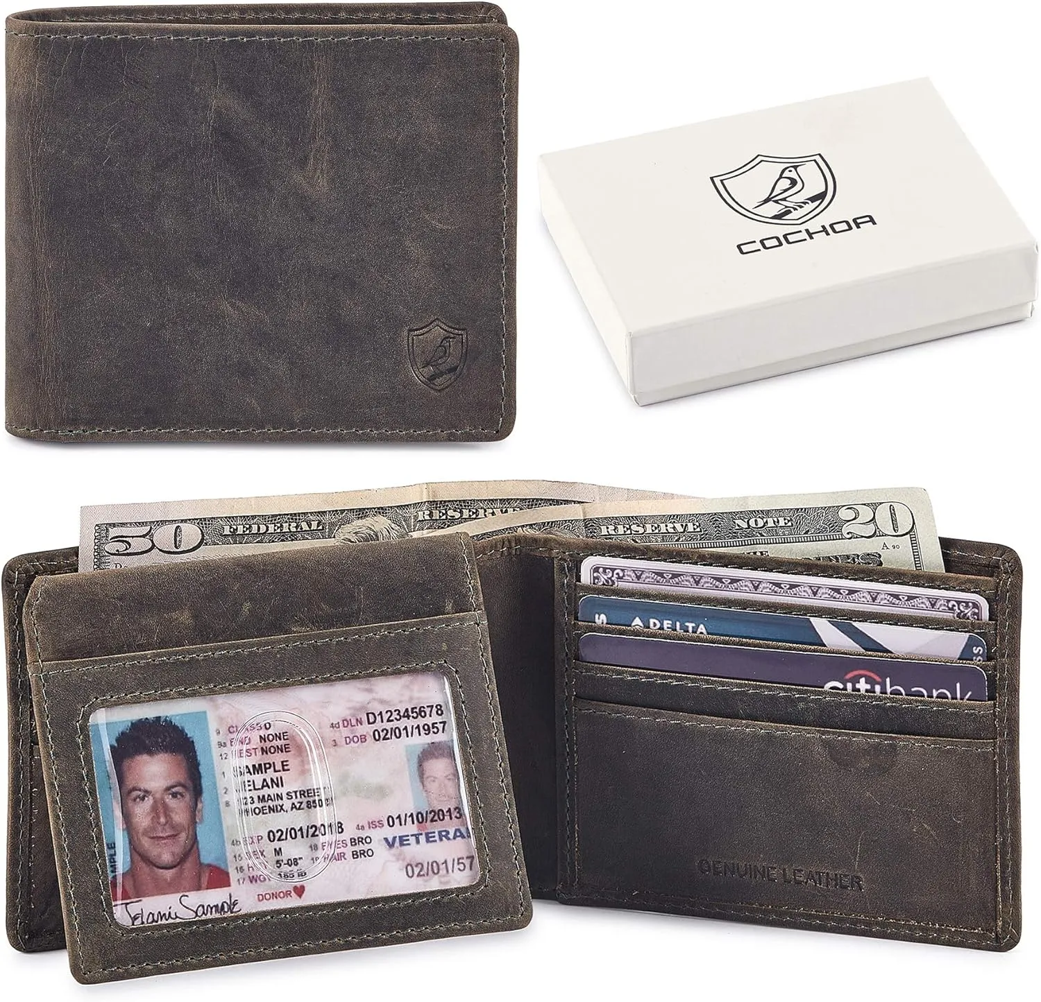 Cochoa Wallet for Men's RFID Blocking Real Leather Bifold Stylish 2 ID Window in Gift Box
