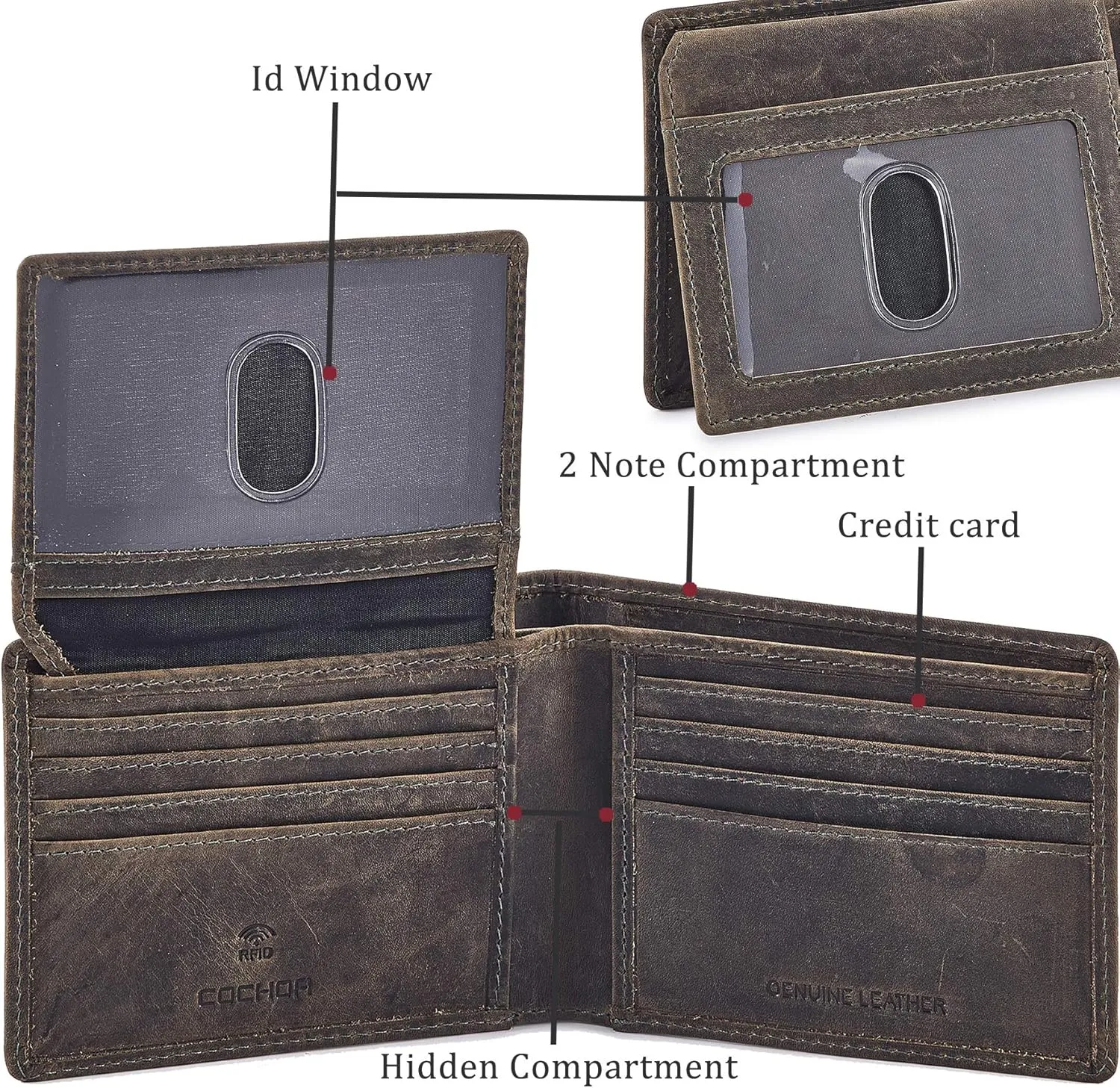 Cochoa Wallet for Men's RFID Blocking Real Leather Bifold Stylish 2 ID Window in Gift Box