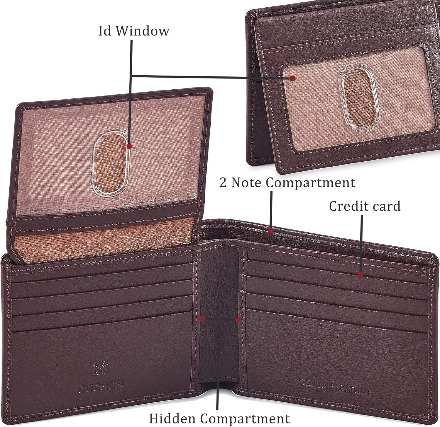 Cochoa Wallet for Men's RFID Blocking Real Leather Bifold Stylish 2 ID Window in Gift Box