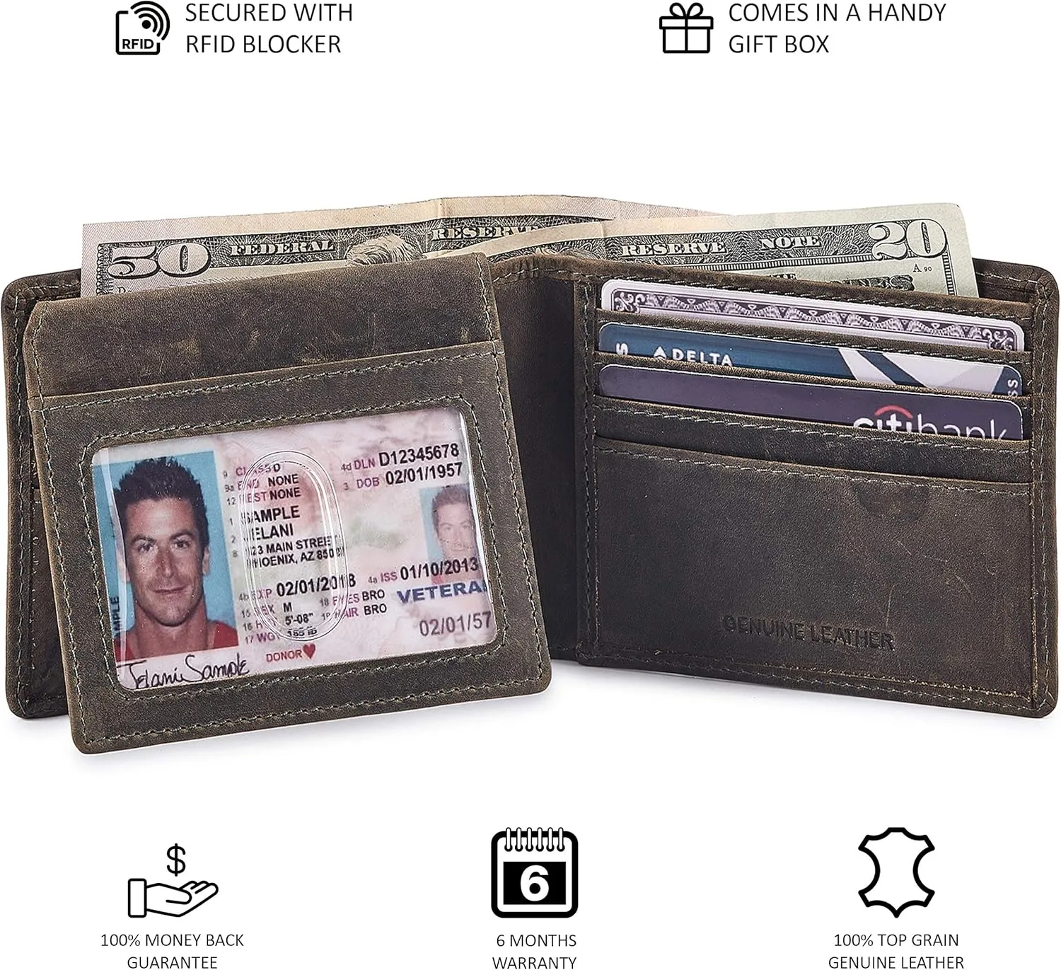Cochoa Wallet for Men's RFID Blocking Real Leather Bifold Stylish 2 ID Window in Gift Box