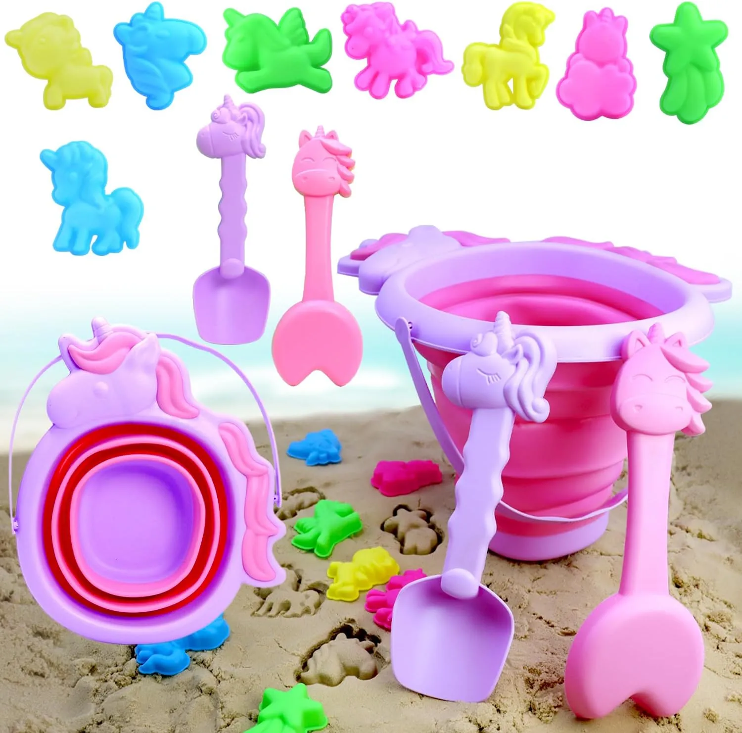 Collapsible Foldable Beach Sand Buckets and Shovels Set, Beach Toys for Kids with Unicorn Watering Can and 2.5L Silicone Sand Pails for Outdoor Travel Summer Camping Gear Girl and Toddlers Gift