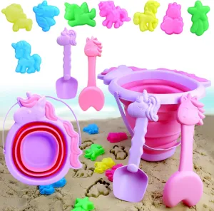 Collapsible Foldable Beach Sand Buckets and Shovels Set, Beach Toys for Kids with Unicorn Watering Can and 2.5L Silicone Sand Pails for Outdoor Travel Summer Camping Gear Girl and Toddlers Gift