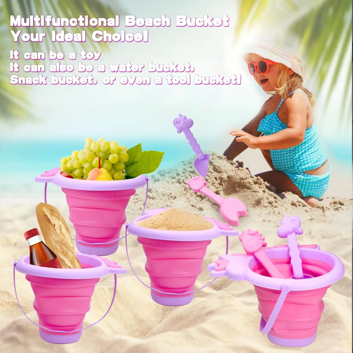 Collapsible Foldable Beach Sand Buckets and Shovels Set, Beach Toys for Kids with Unicorn Watering Can and 2.5L Silicone Sand Pails for Outdoor Travel Summer Camping Gear Girl and Toddlers Gift