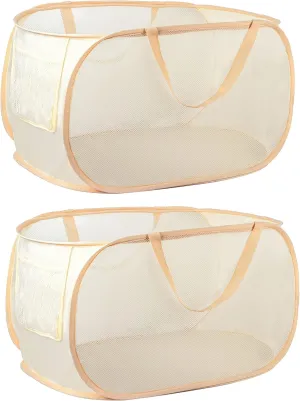 collapsible laundry baskets, Pop Up Laundry Hamper, Foldable mesh Laundry Baskets (Each with 2 Reinforced Handles) (2 beige)……