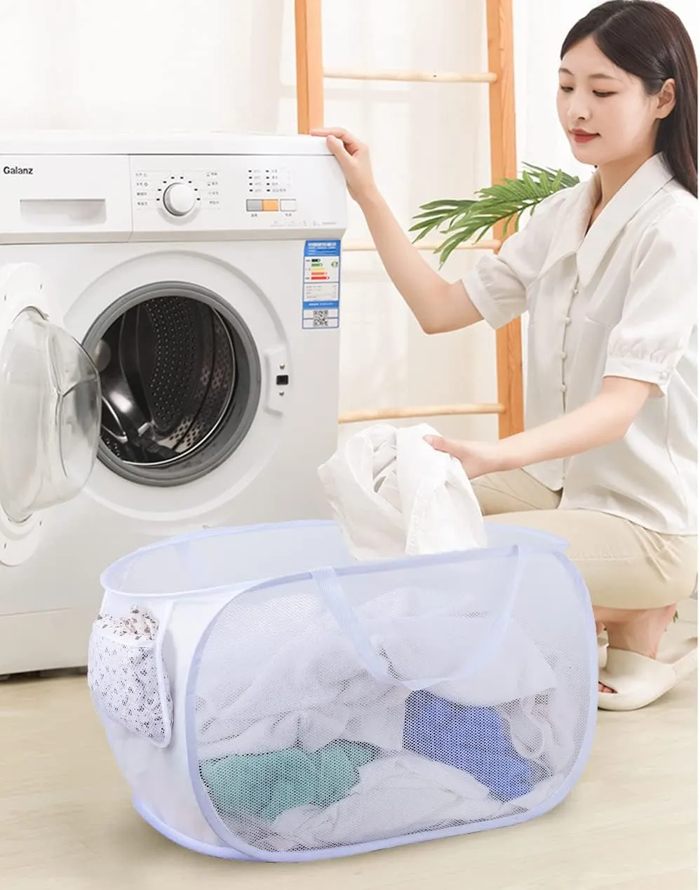 collapsible laundry baskets, Pop Up Laundry Hamper, Foldable mesh Laundry Baskets (Each with 2 Reinforced Handles) (2 White)……