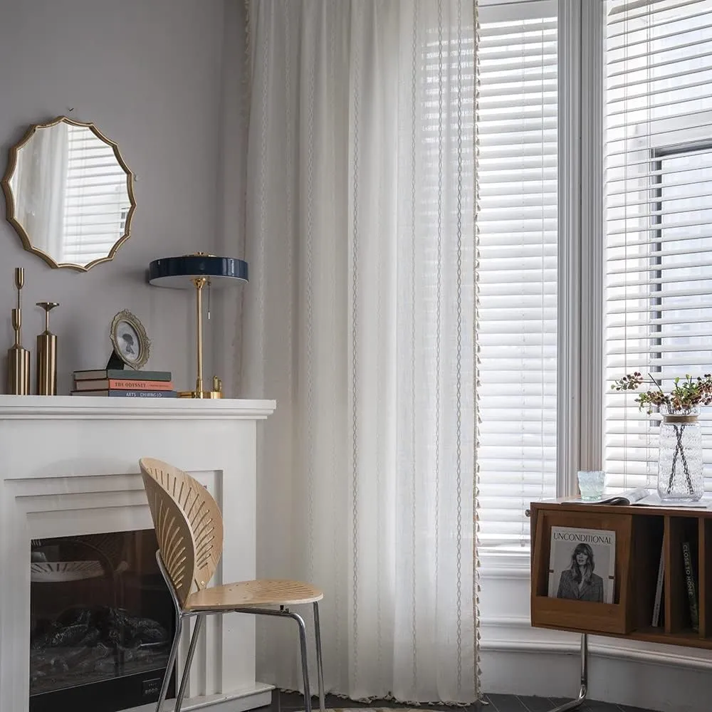 ColorBird Boho Curtains for Bedroom, White Curtains 84 inches Long, 2 Panels Embroidered Darkening Window Treatment for Dining Office Living Room Sliding Glass Door