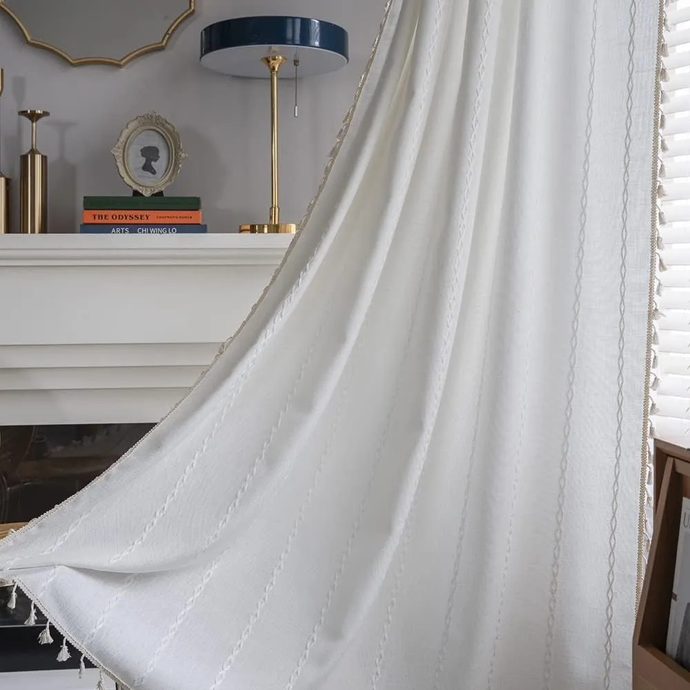 ColorBird Boho Curtains for Bedroom, White Curtains 84 inches Long, 2 Panels Embroidered Darkening Window Treatment for Dining Office Living Room Sliding Glass Door