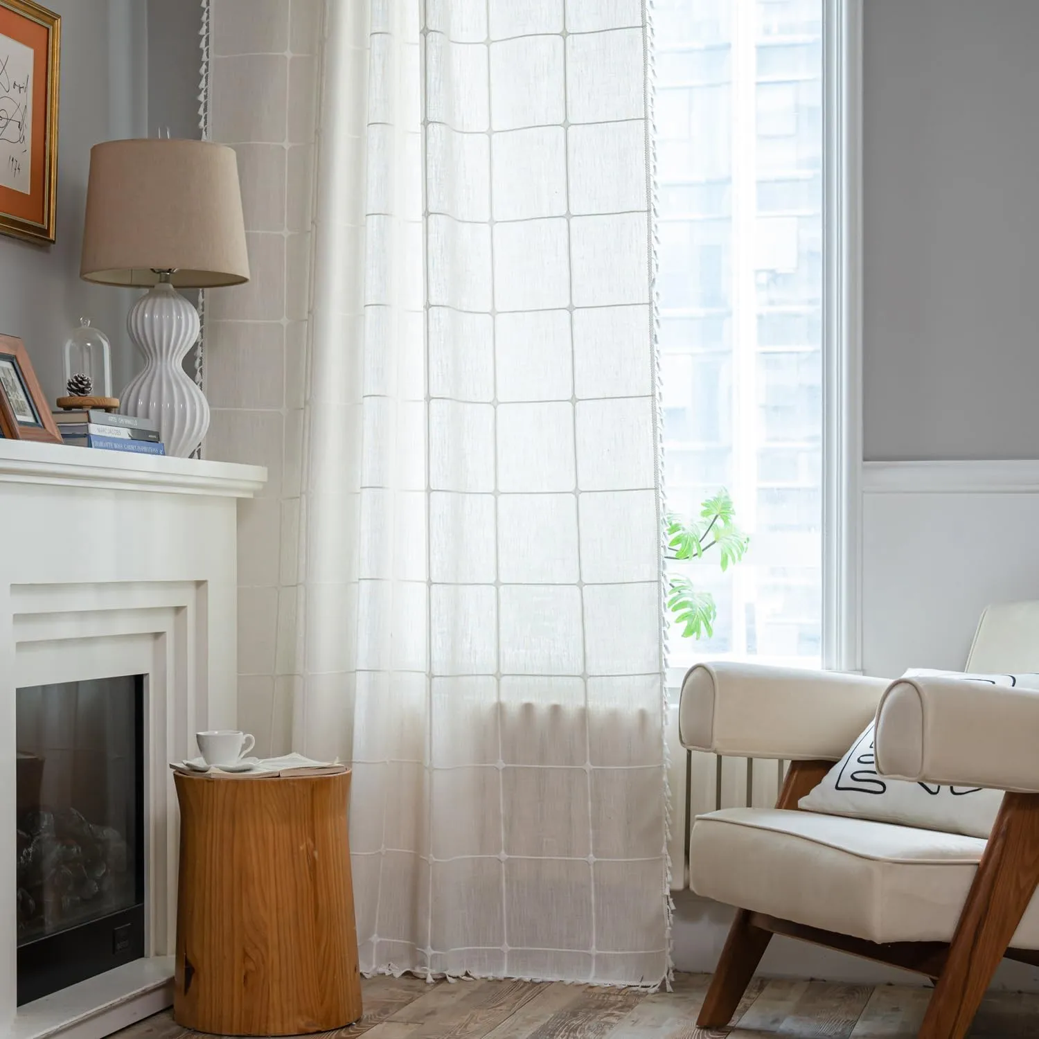 ColorBird White Window Curtains, 2 Panels 63 Inch Farmhouse Window Curtains for Living Room, Embroidery Lattice Linen Darkening Curtain for Dining Bedroom