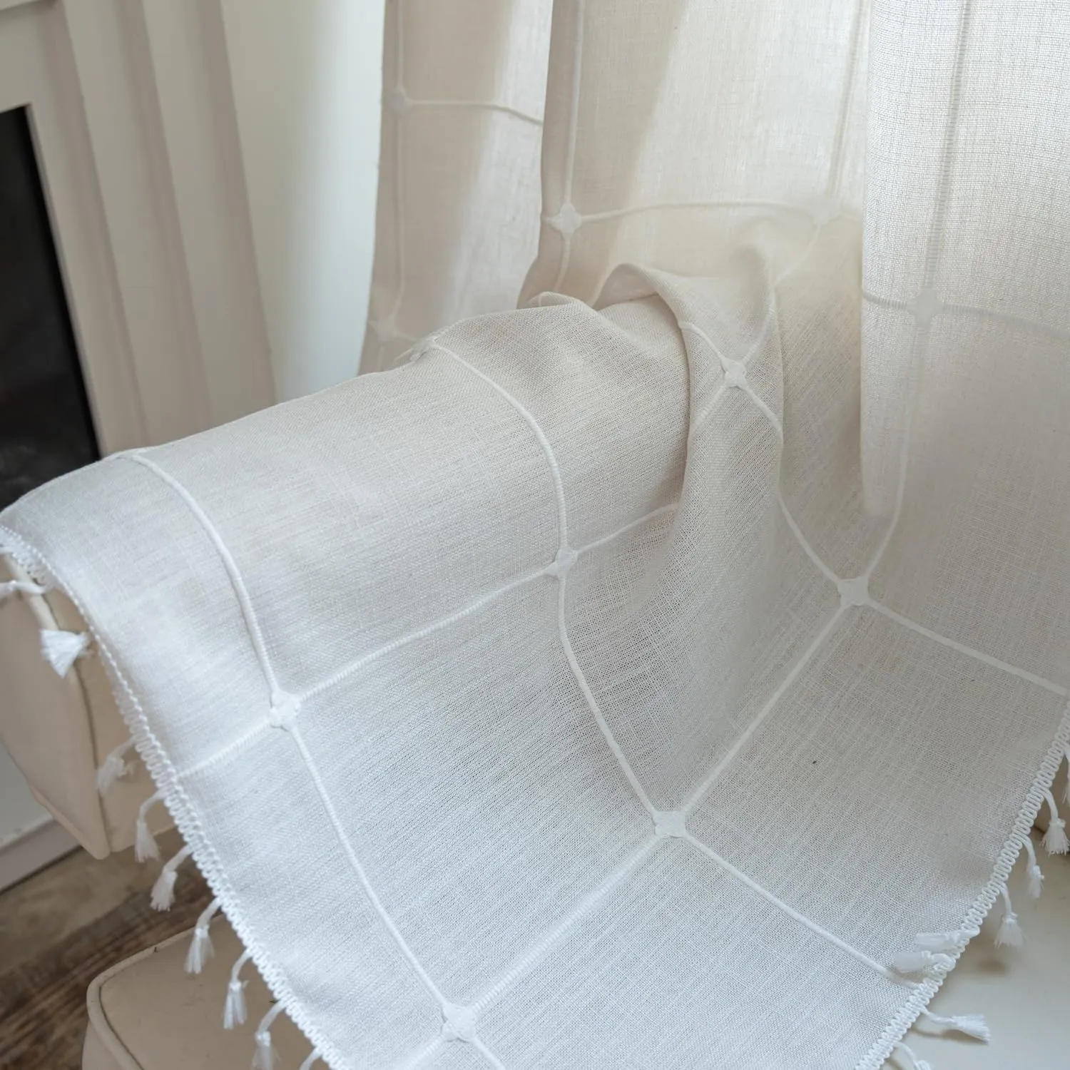 ColorBird White Window Curtains, 2 Panels 63 Inch Farmhouse Window Curtains for Living Room, Embroidery Lattice Linen Darkening Curtain for Dining Bedroom