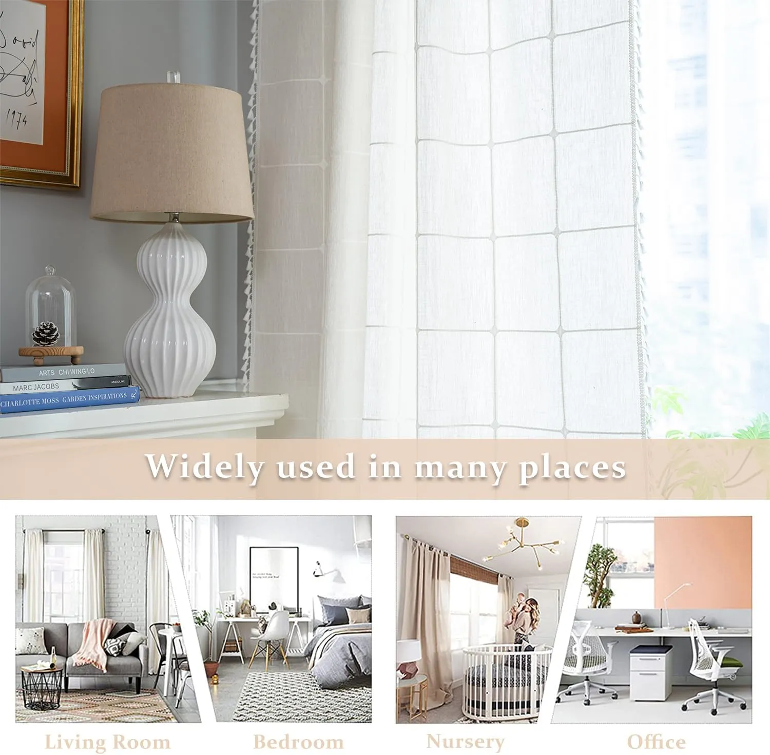 ColorBird White Window Curtains, 2 Panels 63 Inch Farmhouse Window Curtains for Living Room, Embroidery Lattice Linen Darkening Curtain for Dining Bedroom