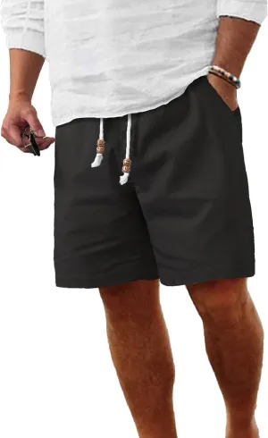 Comdecevis Men's Linen Shorts Casual Elastic Waist Drawstring Summer Beach Vacation Yoga Golf Shorts with Pockets