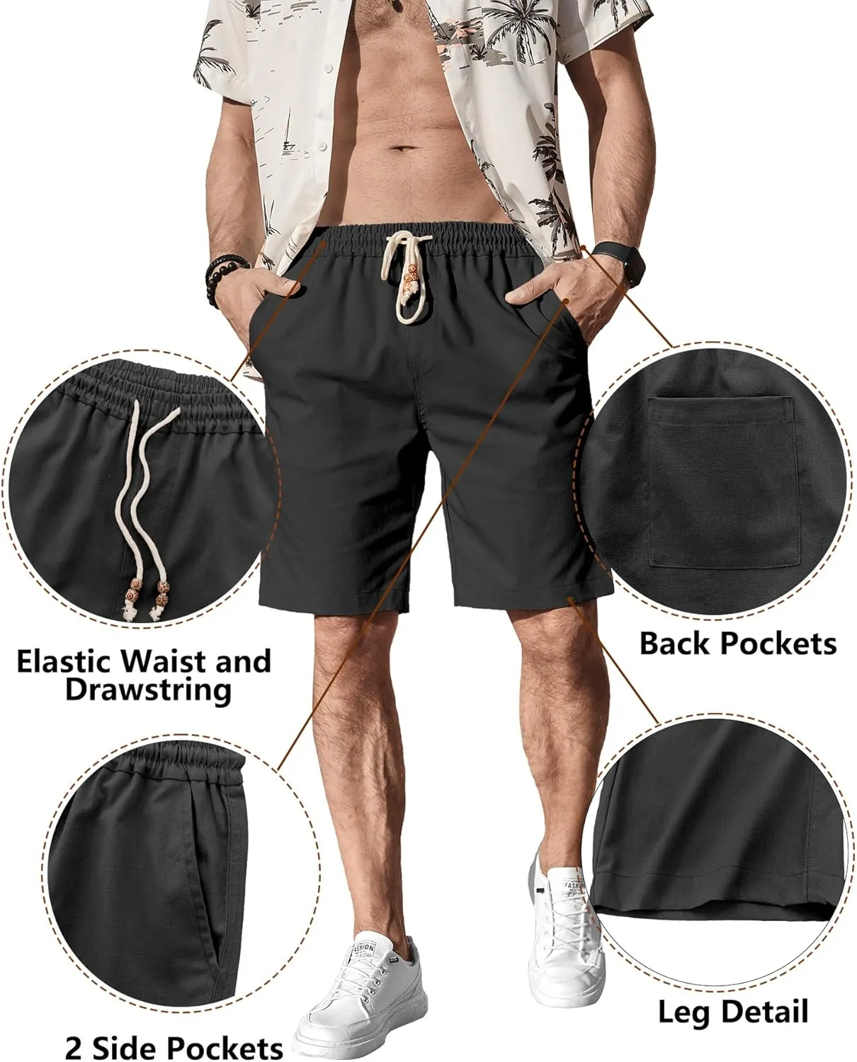 Comdecevis Men's Linen Shorts Casual Elastic Waist Drawstring Summer Beach Vacation Yoga Golf Shorts with Pockets