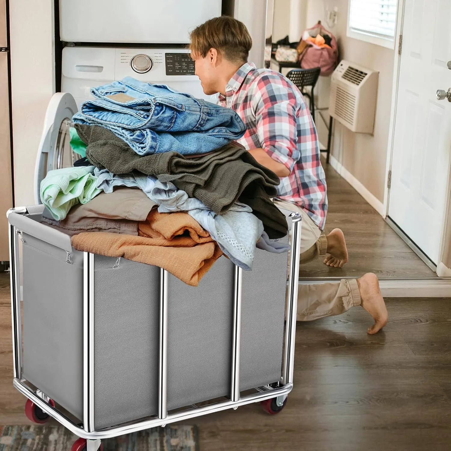 Commercial Laundry Cart on Wheels, 11.35 Bushels Large Laundry Roller with Removable Waterproof Canvas Lined Basket, Heavy Duty Stainless Steel Laundry Basket for Hotels and Hospitals