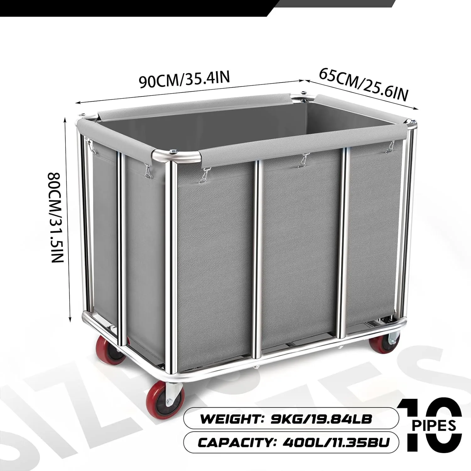 Commercial Laundry Cart on Wheels, 11.35 Bushels Large Laundry Roller with Removable Waterproof Canvas Lined Basket, Heavy Duty Stainless Steel Laundry Basket for Hotels and Hospitals