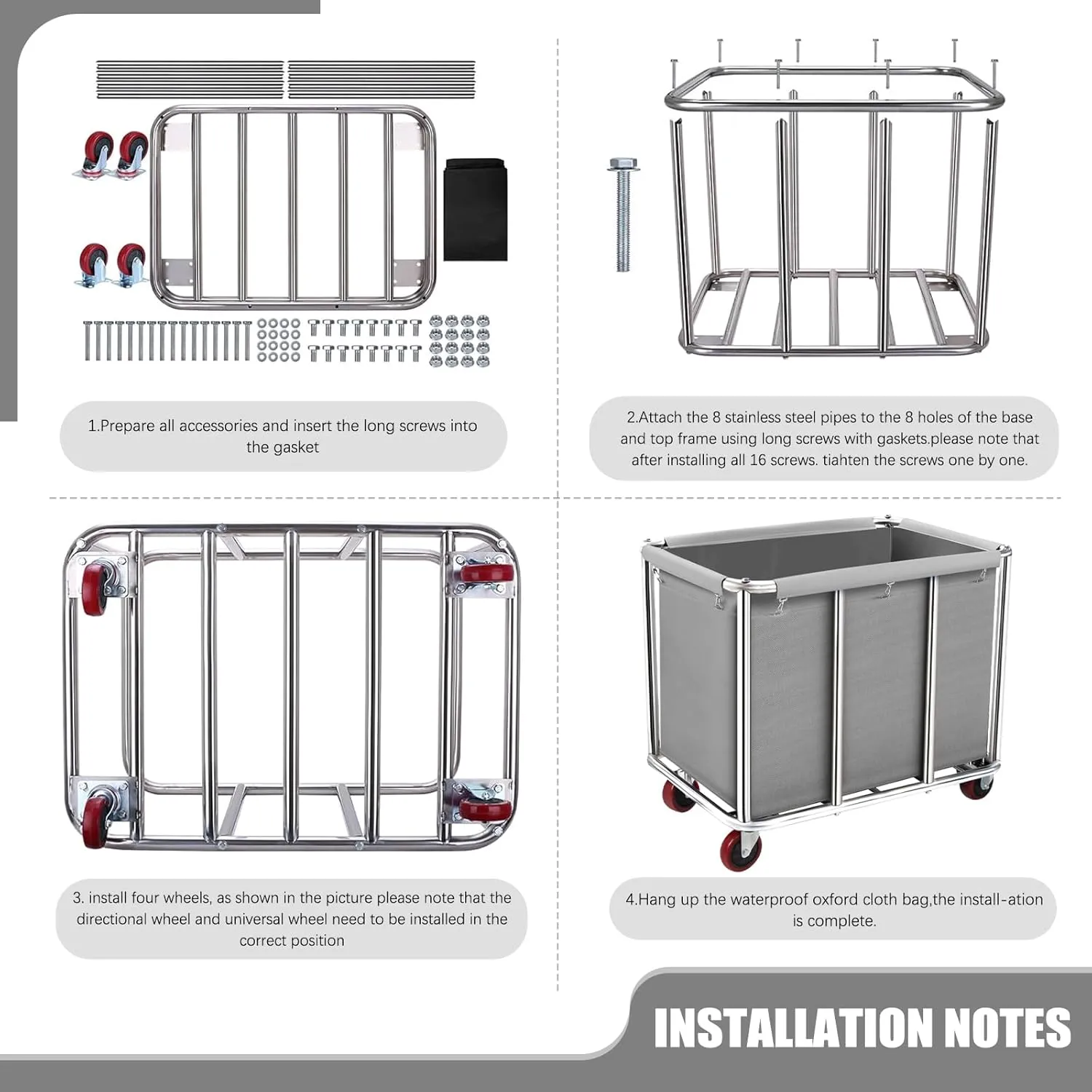 Commercial Laundry Cart on Wheels, 11.35 Bushels Large Laundry Roller with Removable Waterproof Canvas Lined Basket, Heavy Duty Stainless Steel Laundry Basket for Hotels and Hospitals
