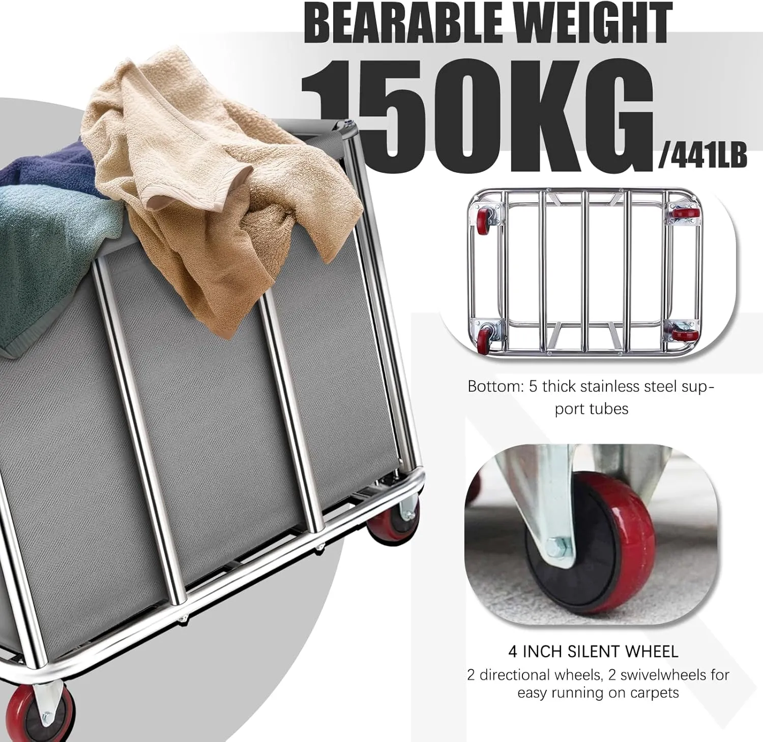 Commercial Laundry Cart on Wheels, 11.35 Bushels Large Laundry Roller with Removable Waterproof Canvas Lined Basket, Heavy Duty Stainless Steel Laundry Basket for Hotels and Hospitals