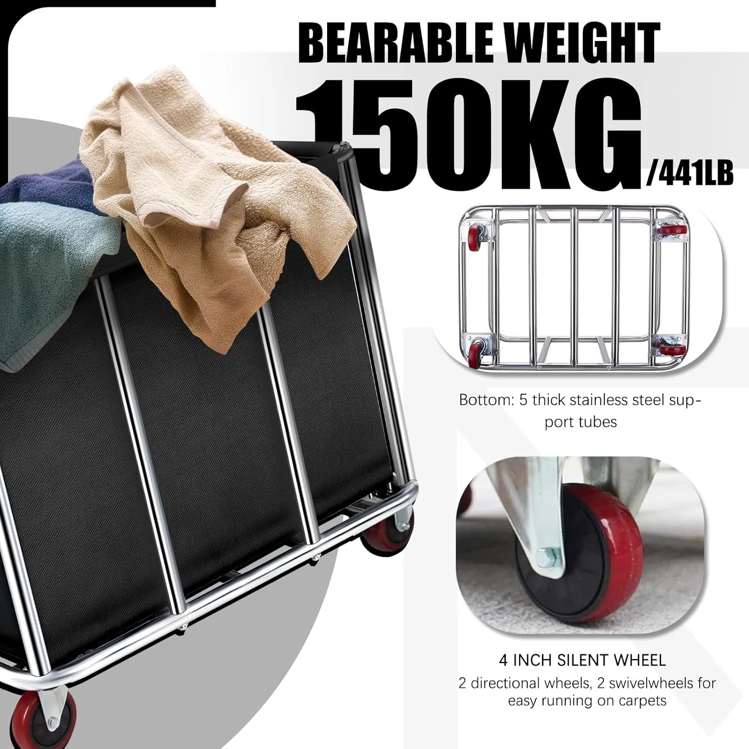 Commercial Laundry Cart on Wheels, 11.35 Bushels Large Roller with Removable Waterproof Canvas Lined Basket, Heavy Duty Stainless Steel for Hotels and Hospitals
