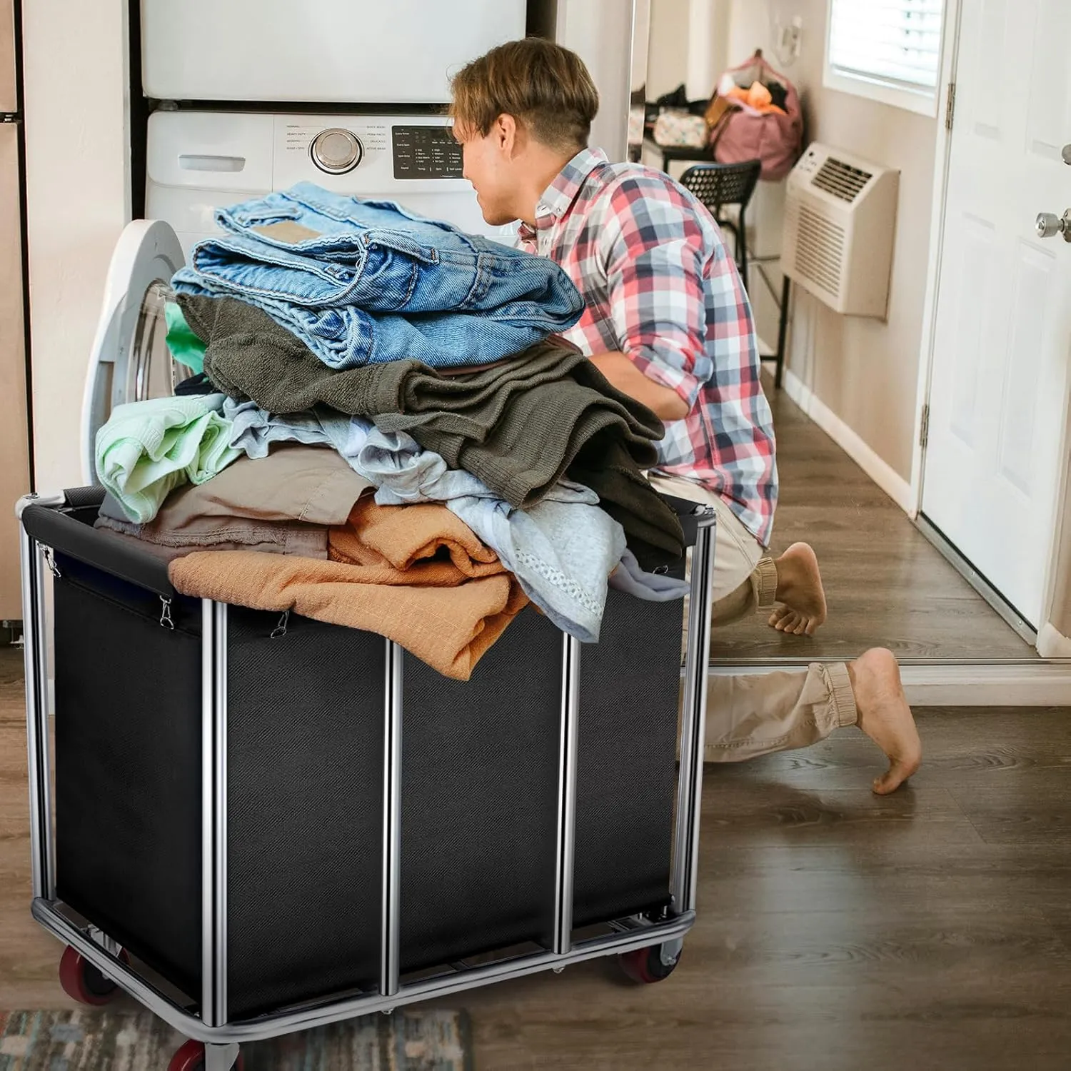 Commercial Laundry Cart on Wheels, 11.35 Bushels Large Roller with Removable Waterproof Canvas Lined Basket, Heavy Duty Stainless Steel for Hotels and Hospitals