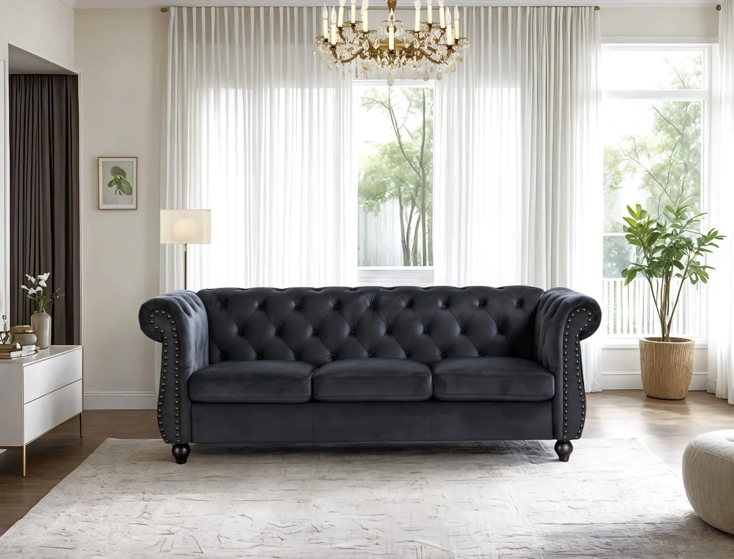 Container Furniture Velvet Chesterfield Couch, Button-Tufted Backrest, Rolled Arms, High-Density Foam with Spring Support, Elegant Accent Piece, Sofa, Black