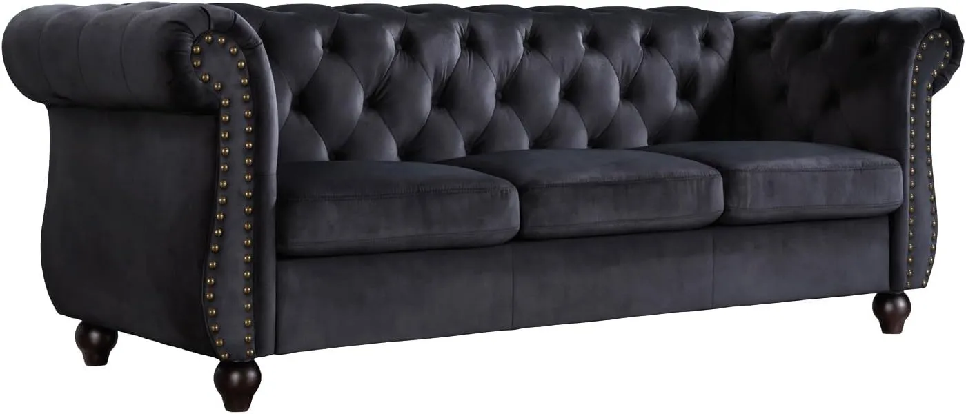 Container Furniture Velvet Chesterfield Couch, Button-Tufted Backrest, Rolled Arms, High-Density Foam with Spring Support, Elegant Accent Piece, Sofa, Black