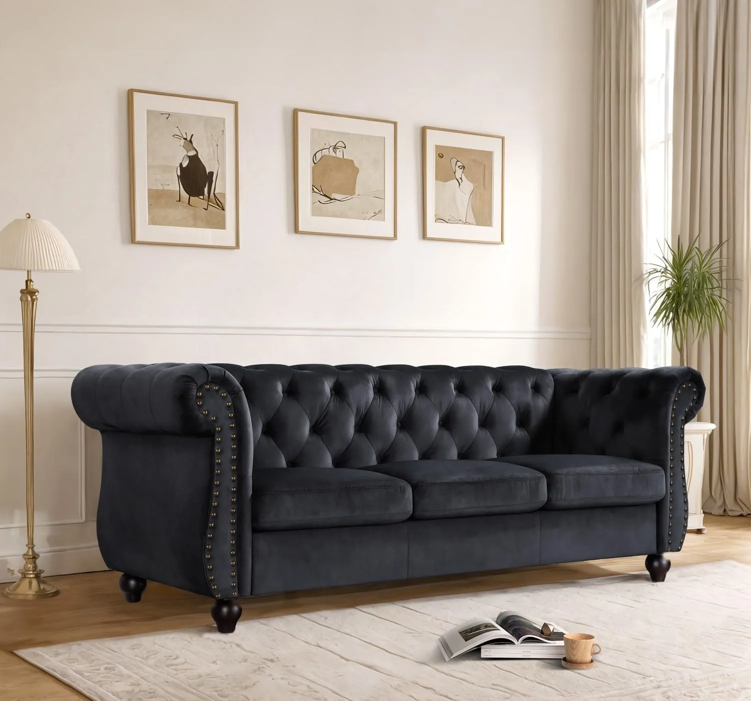 Container Furniture Velvet Chesterfield Couch, Button-Tufted Backrest, Rolled Arms, High-Density Foam with Spring Support, Elegant Accent Piece, Sofa, Black