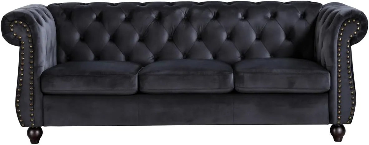 Container Furniture Velvet Chesterfield Couch, Button-Tufted Backrest, Rolled Arms, High-Density Foam with Spring Support, Elegant Accent Piece, Sofa, Black