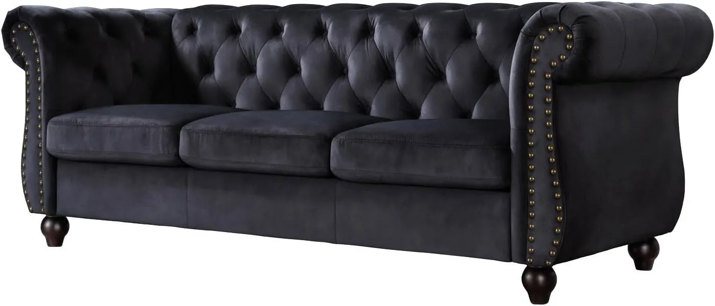 Container Furniture Velvet Chesterfield Couch, Button-Tufted Backrest, Rolled Arms, High-Density Foam with Spring Support, Elegant Accent Piece, Sofa, Black