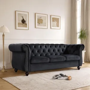 Container Furniture Velvet Chesterfield Couch, Button-Tufted Backrest, Rolled Arms, High-Density Foam with Spring Support, Elegant Accent Piece, Sofa, Black