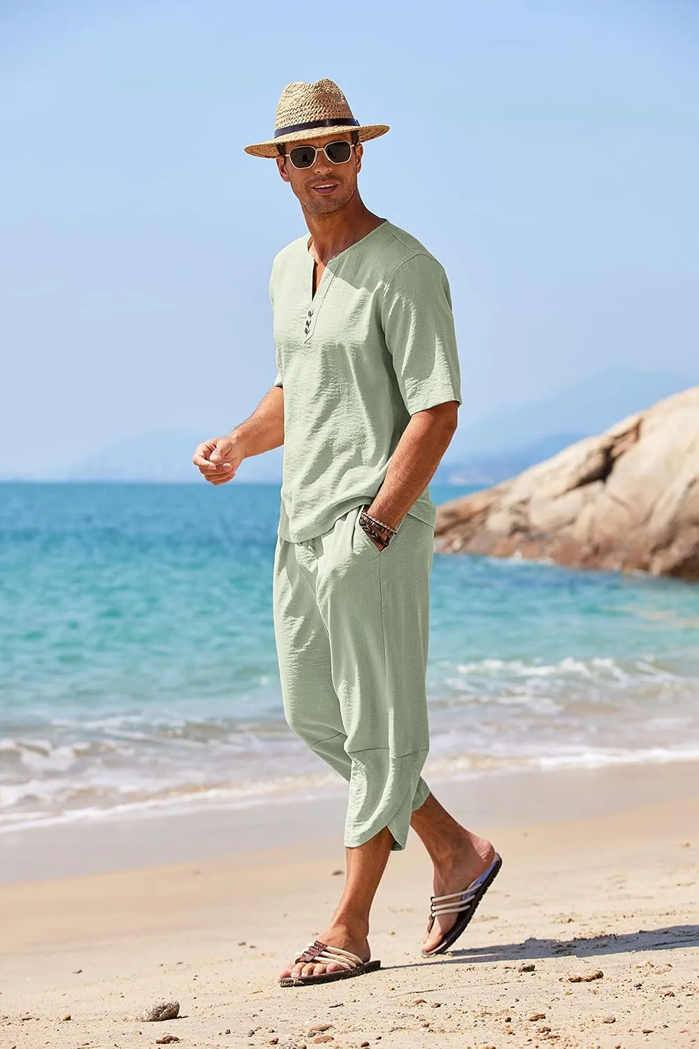 COOFANDY Men's 2 Pieces Linen Set Henley Shirt Short Sleeve and Harem Capri Pants Wide Leg Baggy Beach Yoga Trousers Outfits