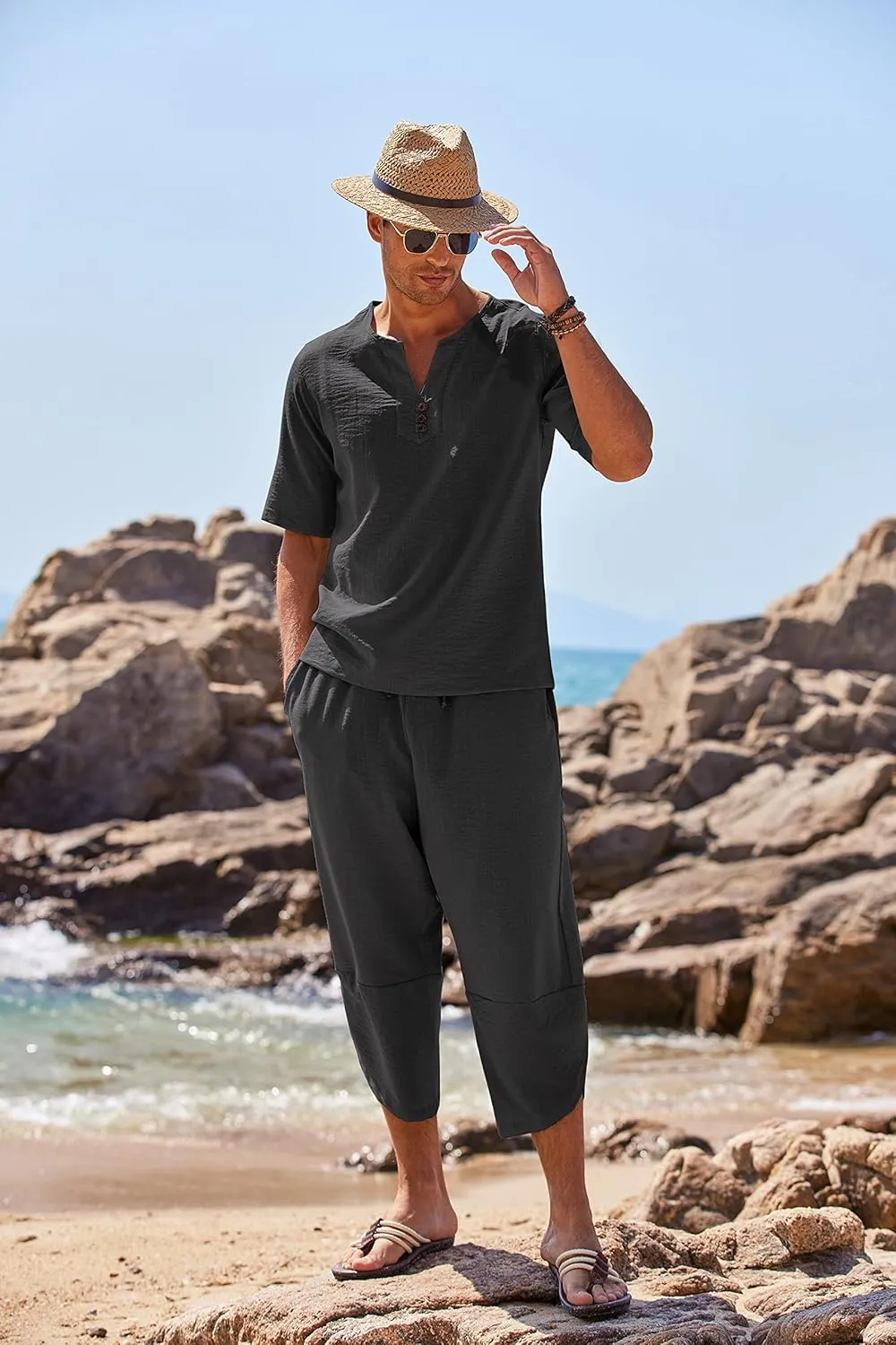 COOFANDY Men's 2 Pieces Linen Set Henley Shirt Short Sleeve and Harem Capri Pants Wide Leg Baggy Beach Yoga Trousers Outfits