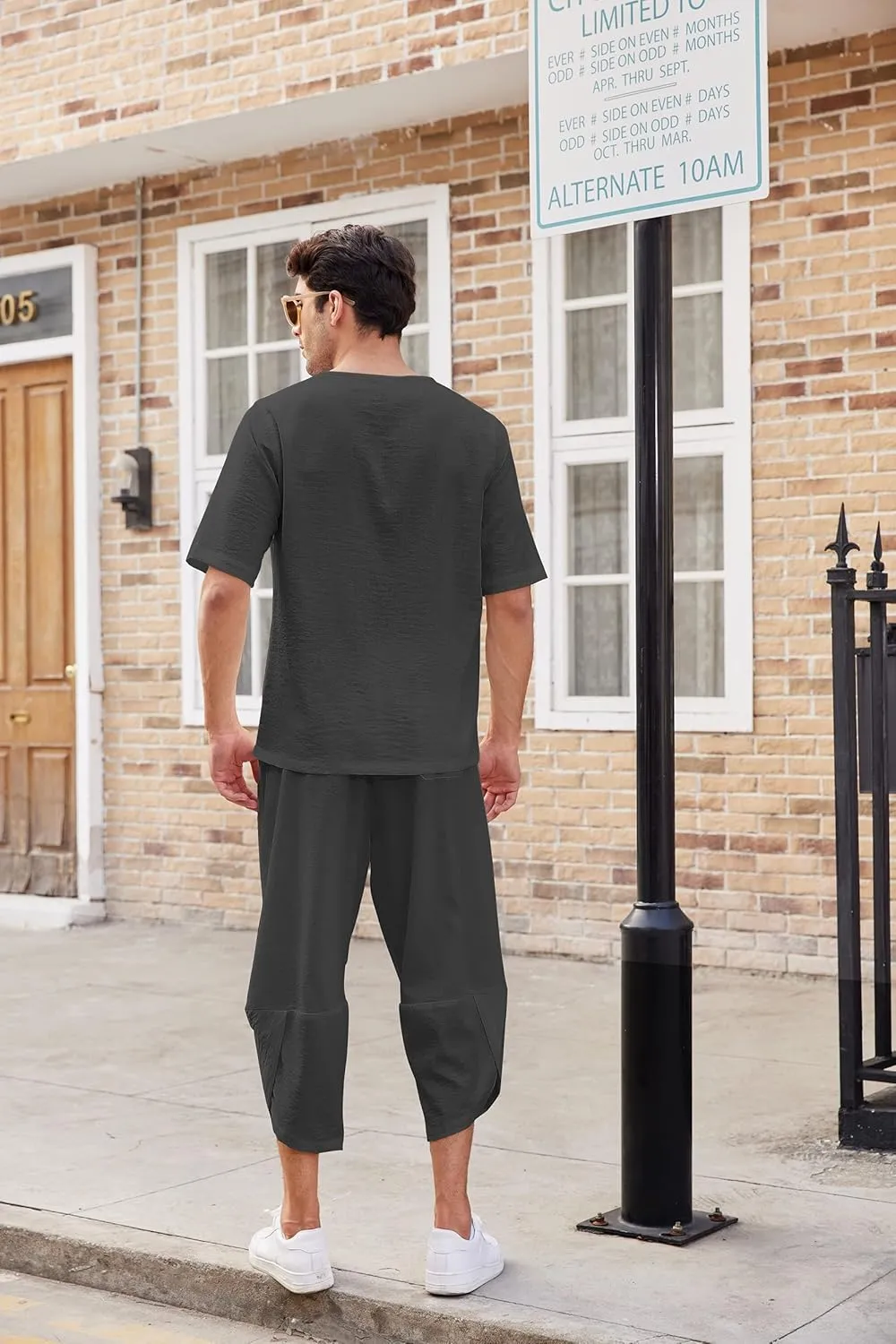 COOFANDY Men's 2 Pieces Linen Set Henley Shirt Short Sleeve and Harem Capri Pants Wide Leg Baggy Beach Yoga Trousers Outfits