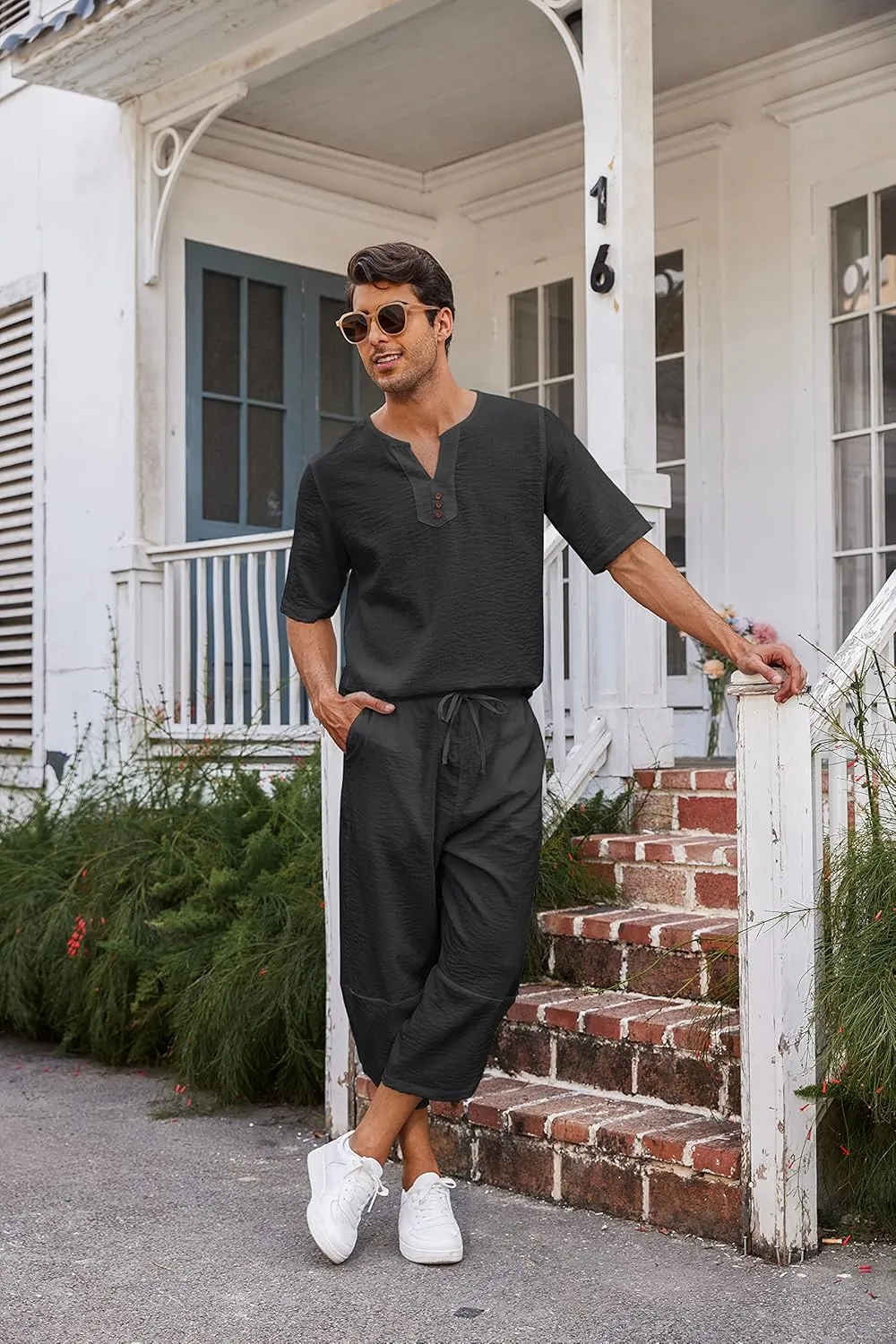 COOFANDY Men's 2 Pieces Linen Set Henley Shirt Short Sleeve and Harem Capri Pants Wide Leg Baggy Beach Yoga Trousers Outfits