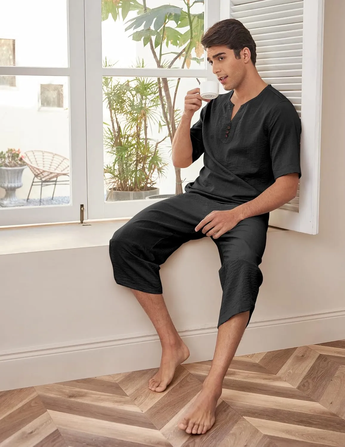 COOFANDY Men's 2 Pieces Linen Set Henley Shirt Short Sleeve and Harem Capri Pants Wide Leg Baggy Beach Yoga Trousers Outfits