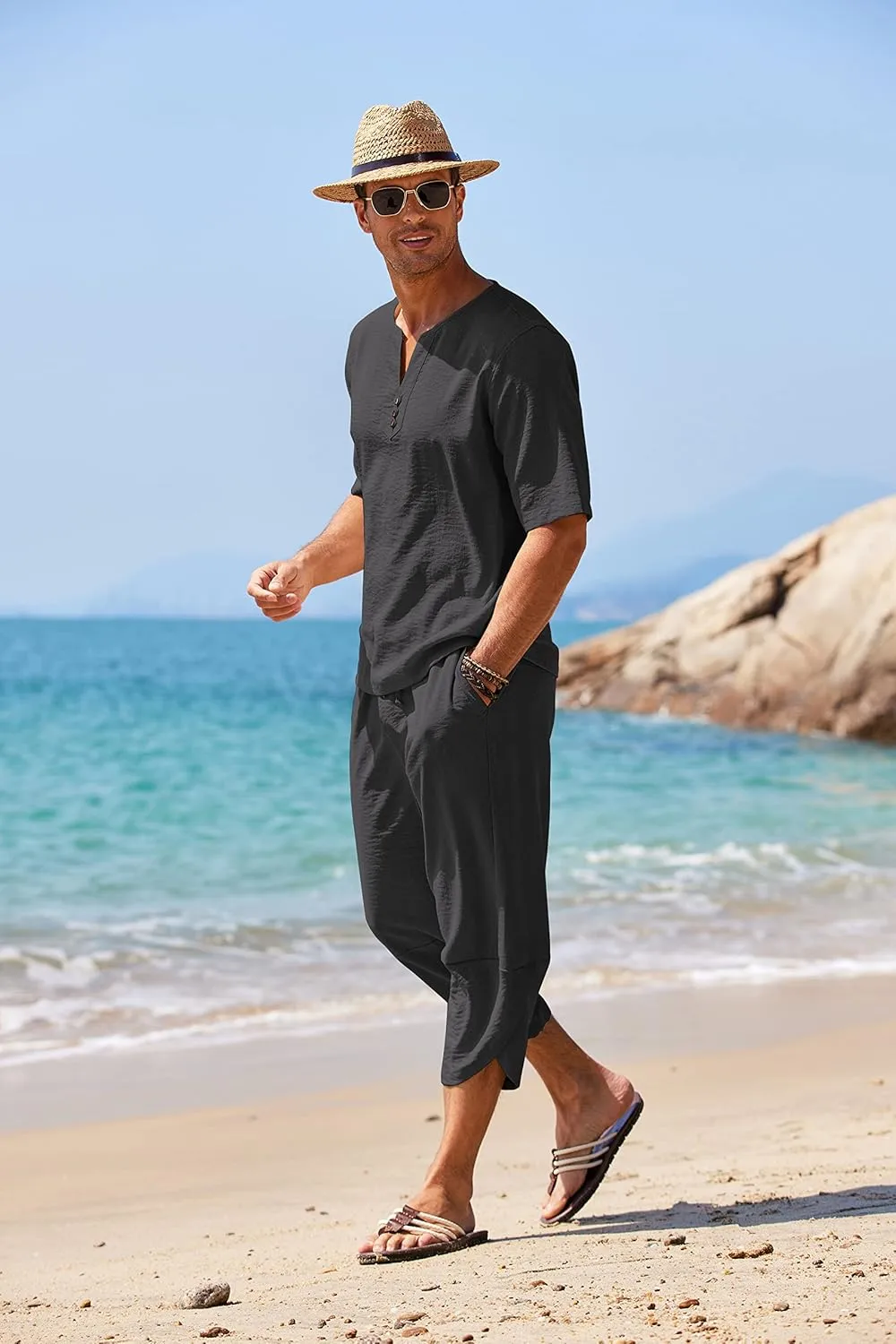 COOFANDY Men's 2 Pieces Linen Set Henley Shirt Short Sleeve and Harem Capri Pants Wide Leg Baggy Beach Yoga Trousers Outfits