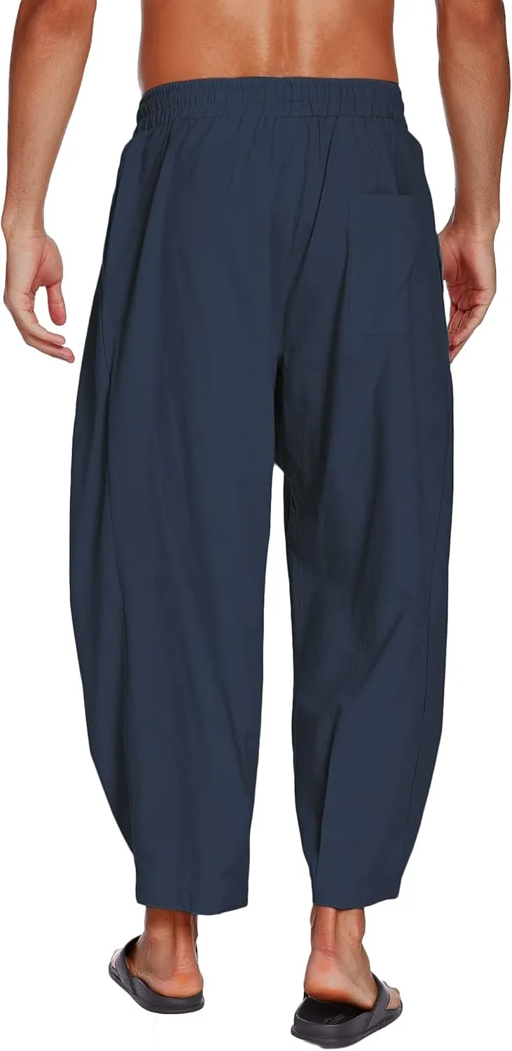 COOFANDY Men's Cotton Linen Harem Pants Drawstring Casual Cropped Trousers Lightweight Loose Beach Yoga Pants with Pockets