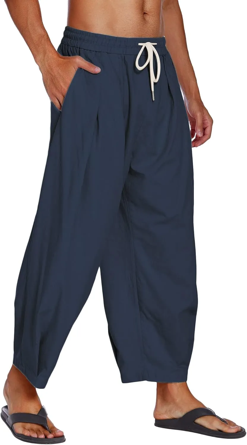 COOFANDY Men's Cotton Linen Harem Pants Drawstring Casual Cropped Trousers Lightweight Loose Beach Yoga Pants with Pockets