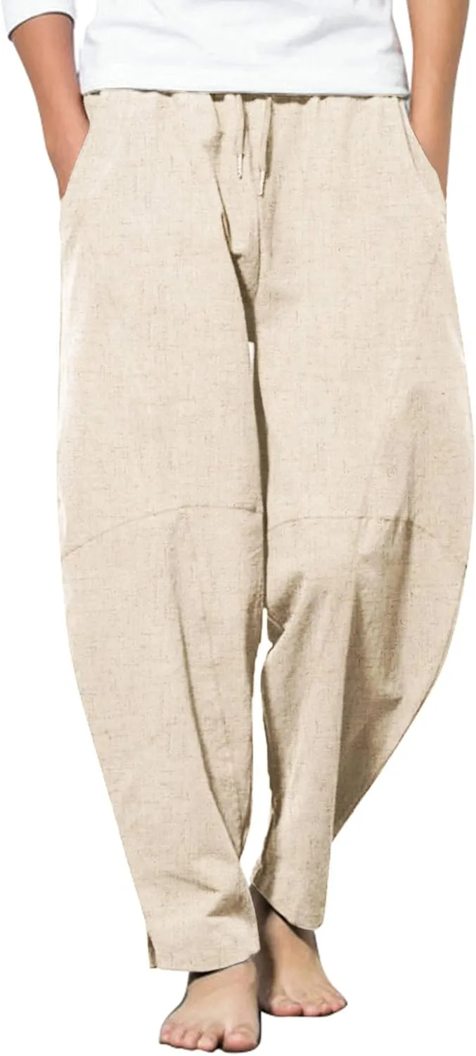 COOFANDY Men's Linen Harem Drawstring Pants Casual Elastic Waist Lightweight Trouser Hippie Summer Beach Yoga Pants