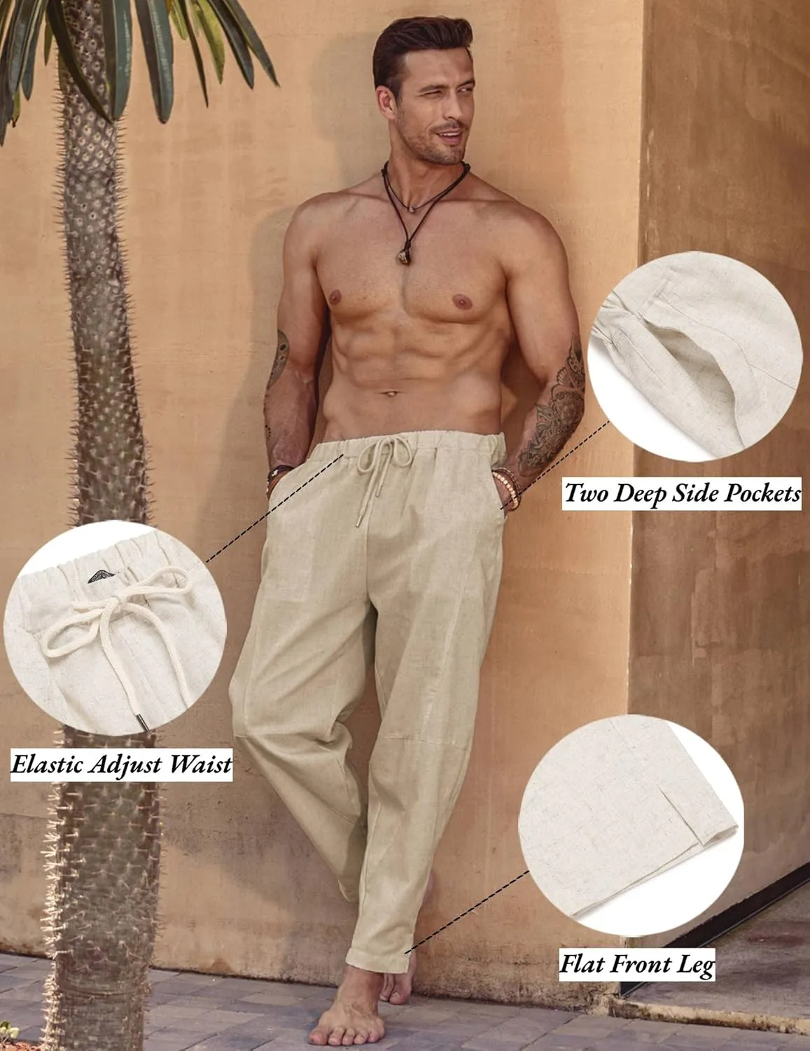 COOFANDY Men's Linen Harem Drawstring Pants Casual Elastic Waist Lightweight Trouser Hippie Summer Beach Yoga Pants