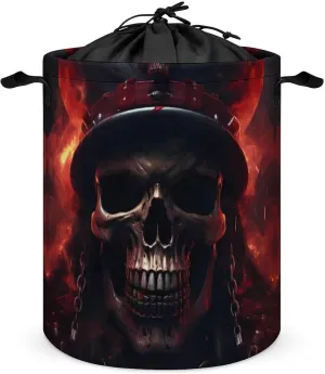 Cool Flaming Skull Laundry Basket with Drawstring Collapsible Laundry Hamper Storage Bags with Handles 44x44cm