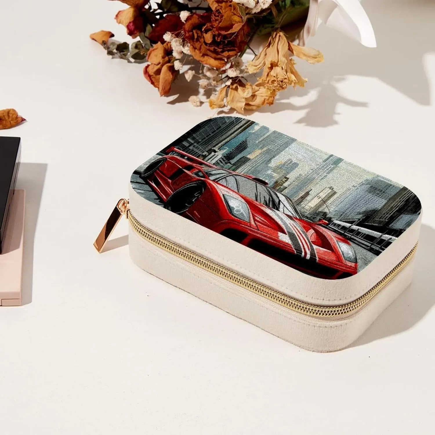 Cool Race Car Urban Street Travel Jewelry Box, Double Layer Portable Travel Display Case Storage Holder Boxes for Stud Earrings, Rings, Necklaces, Bracelets