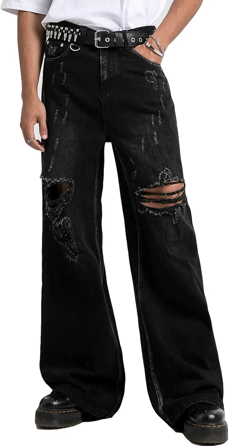 COOLMONAR Men's Baggy Jeans Ripped Black Wide Leg Distressed Destroyed Jean Denim Pants