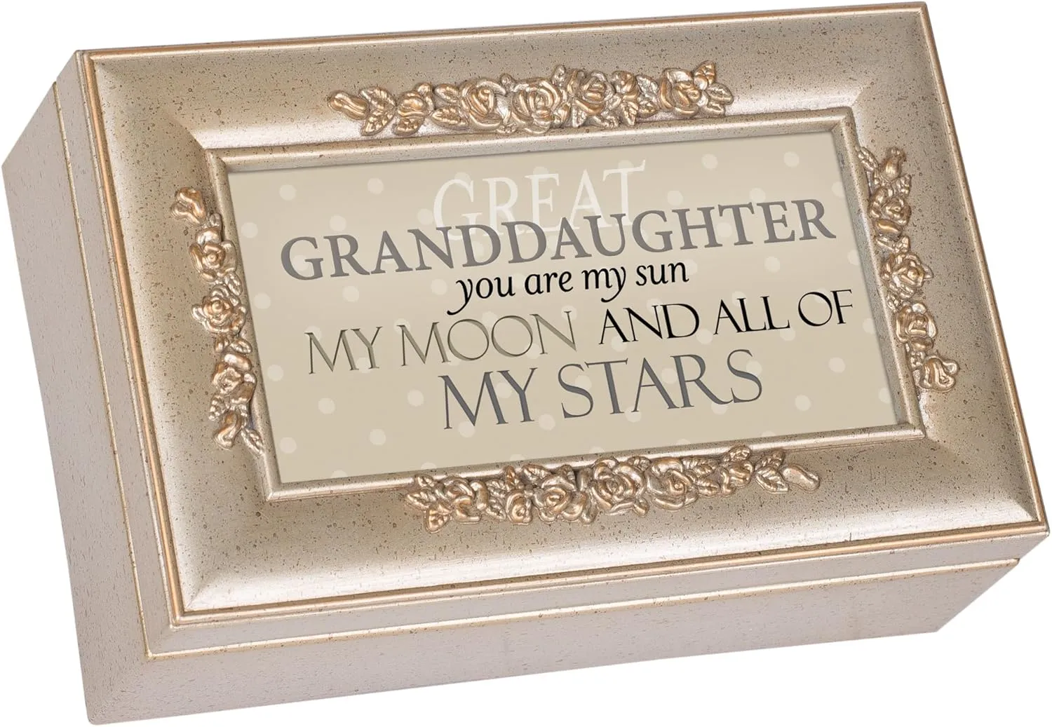 Cottage Garden Granddaughter My Sun Moon Silvertone Embossed Jewelry Music Box Plays You Light Up My Life