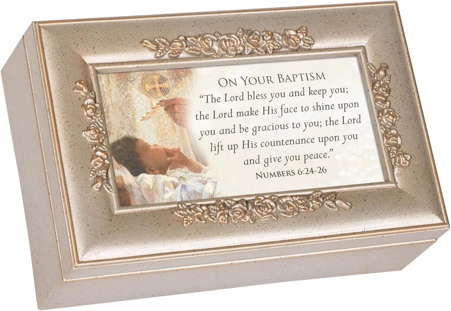 Cottage Garden Your Baptism Silvertone Embossed Floral Jewelry Music Box Plays Amazing Grace