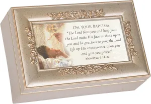 Cottage Garden Your Baptism Silvertone Embossed Floral Jewelry Music Box Plays Amazing Grace