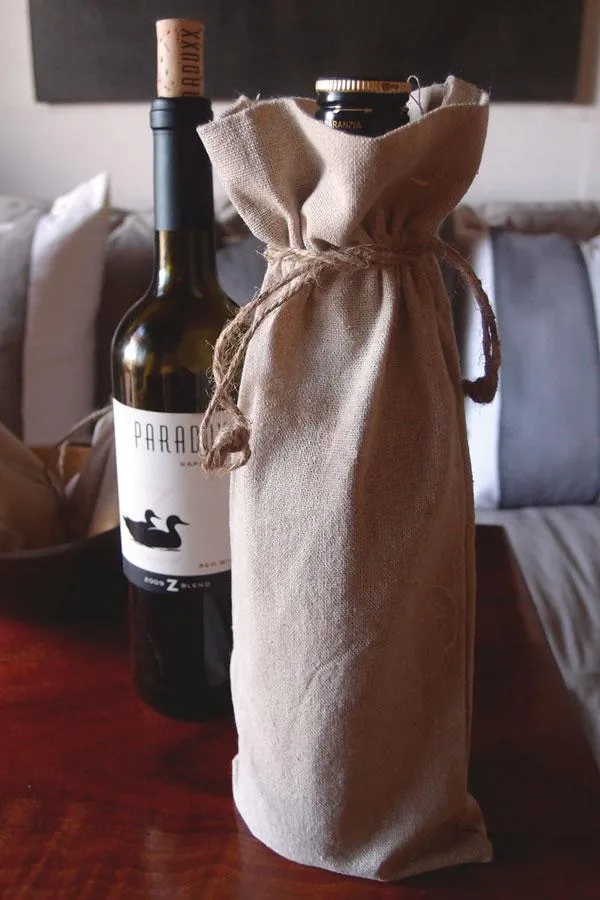 Cotton-Jute Natural Wine Bags with Drawstrings Closure - Single Bottle - By Piece