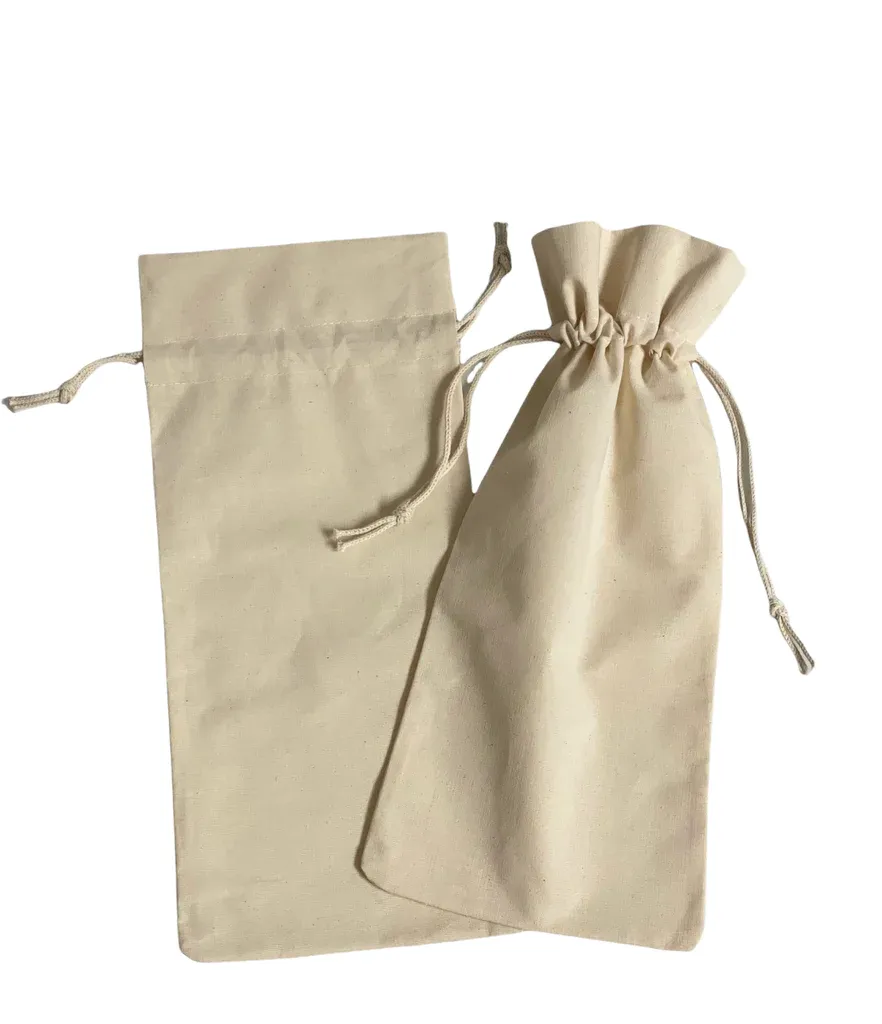 Cotton-Jute Natural Wine Bags with Drawstrings Closure - Single Bottle - By Piece