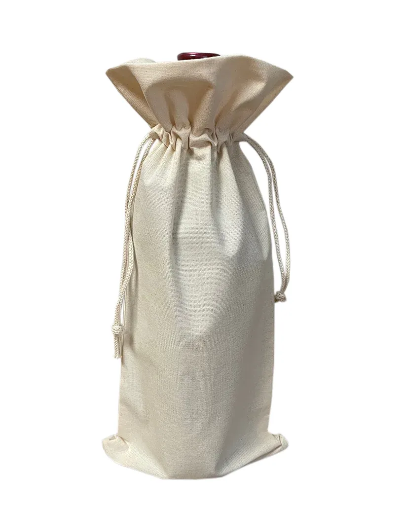 Cotton-Jute Natural Wine Bags with Drawstrings Closure - Single Bottle - By Piece