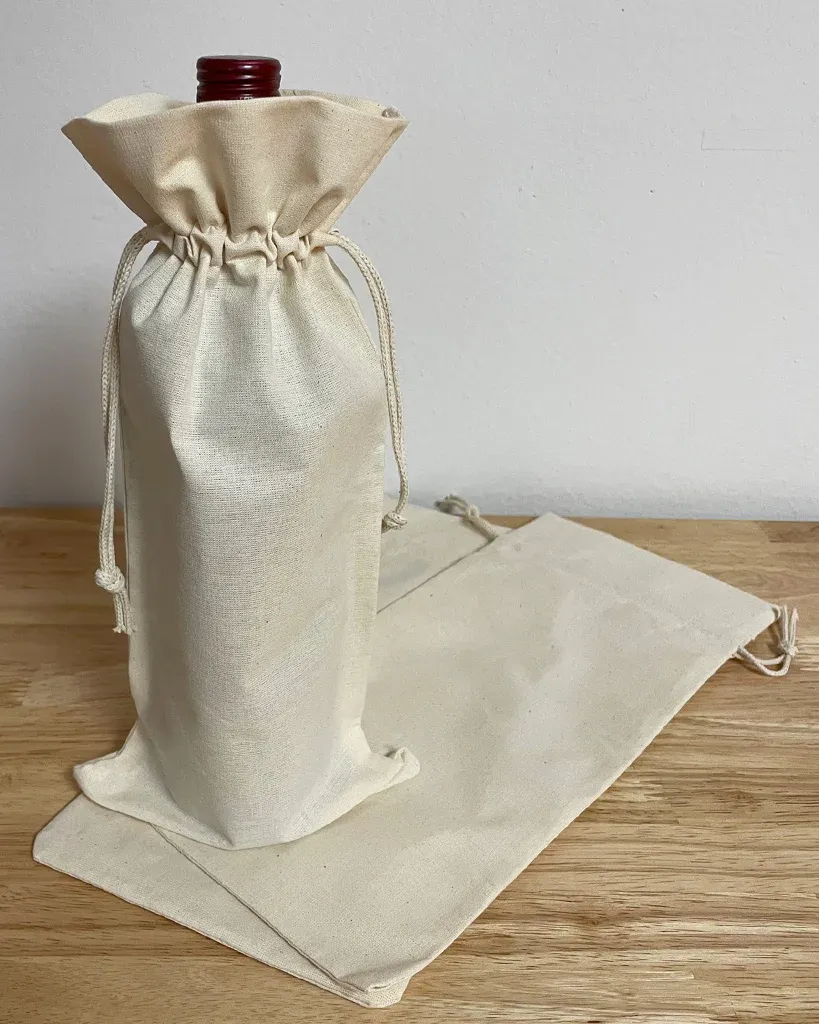 Cotton-Jute Natural Wine Bags with Drawstrings Closure - Single Bottle - By Piece